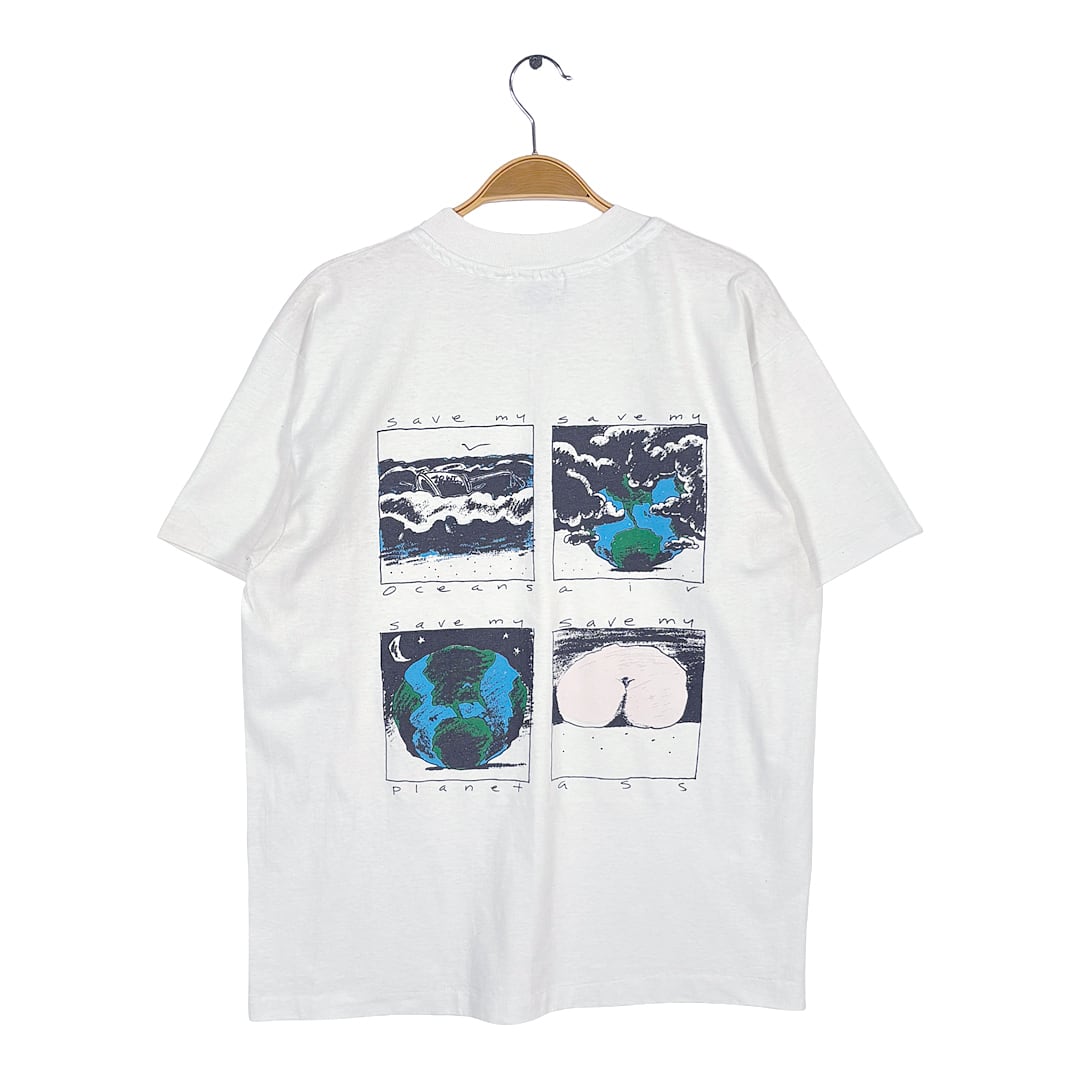 90s 環境問題 メッセージT ユーモア ポケT USA製 ヴィンテージ Tシャツ バーモント VERMONT ホワイト シングルステッチ ヘインズ HANES サイズM BZ0649