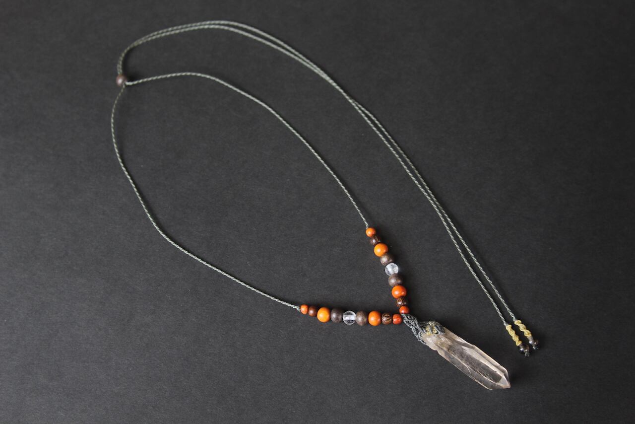 Himalayan crystal micro macrame wood pendant