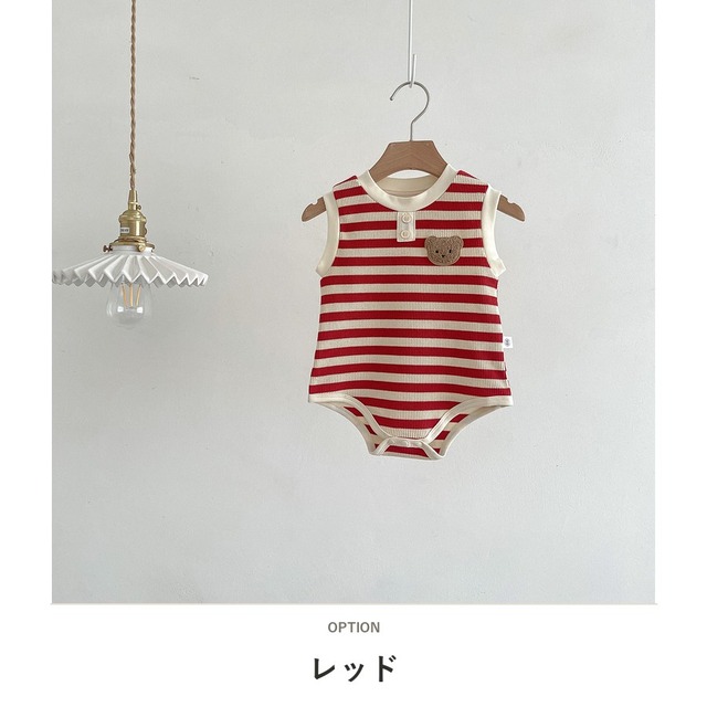 【BABY】くまワッペンストライプノースリーブロンパース - 3