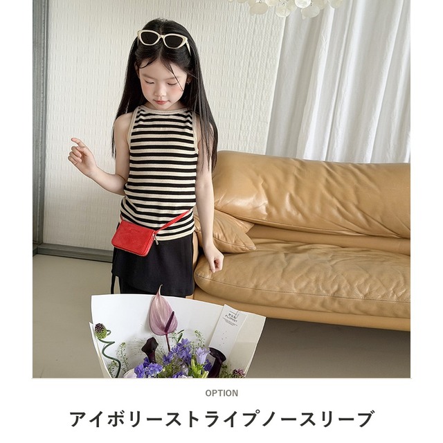 【KID】アイボリーストライプノースリーブTシャツ - 2