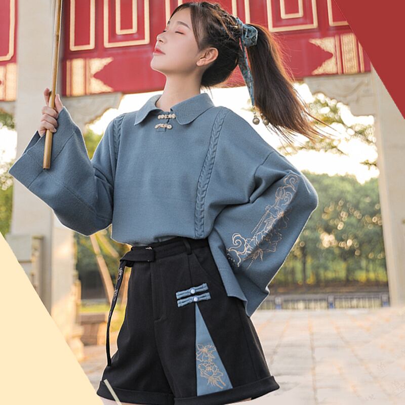 森女部落シリーズ チャイナ風セーター チャイナ服 中華服 可愛いボタン ゆったり S M L 青い ブルー Elegant