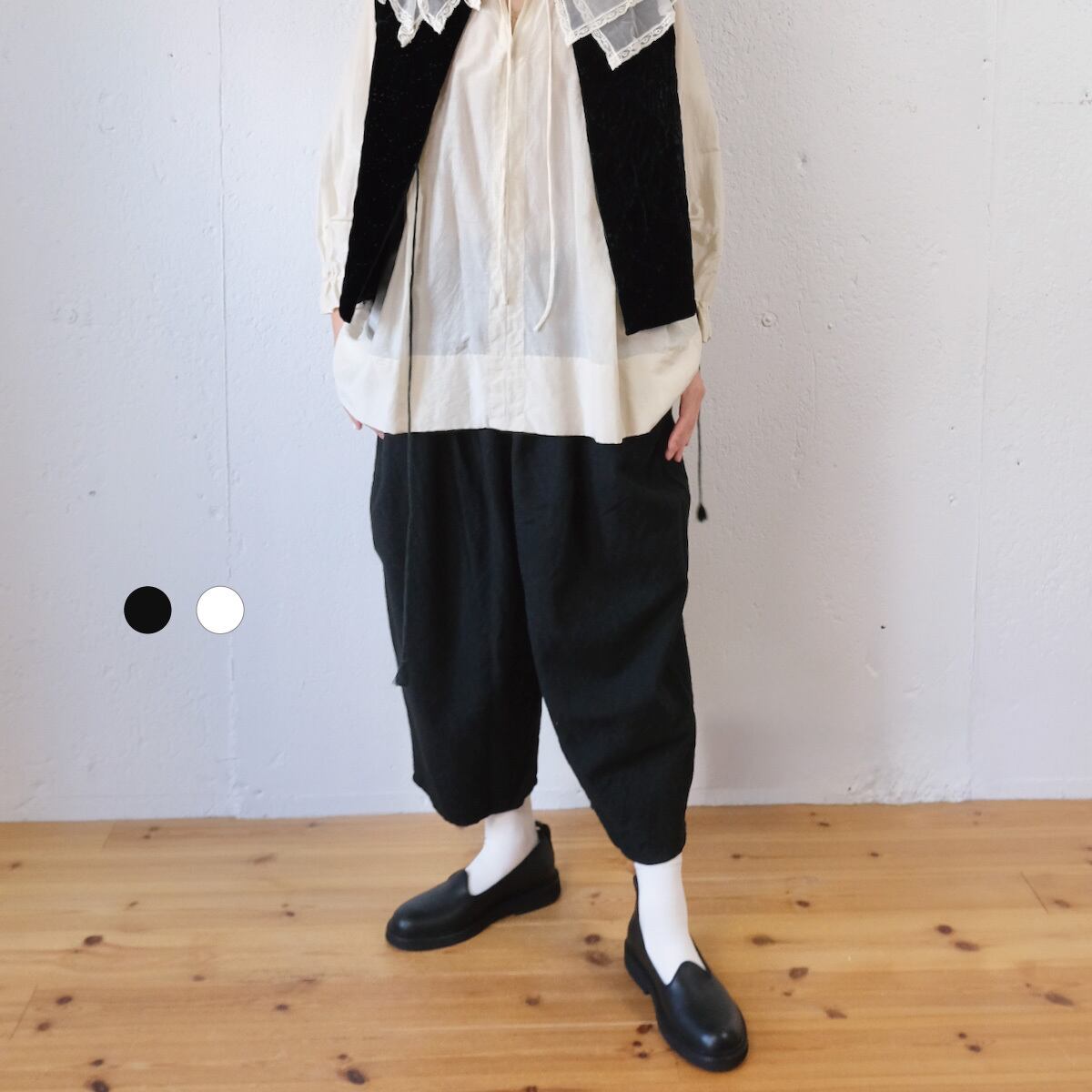 BUNON(ブノン) EMBROIDERY GATHER PANTS コットンシルク 裾フリル