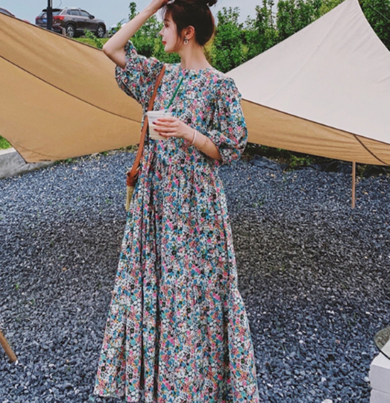 ロングワンピース 半袖 パフスリーブ 花柄プリント レトロシック 花柄ワンピース レディース ワンピース ロングワンピース 半袖