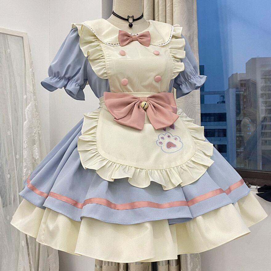 ワンピース パフスリーブ フリル リボン エプロン メイド服 コンカフェ