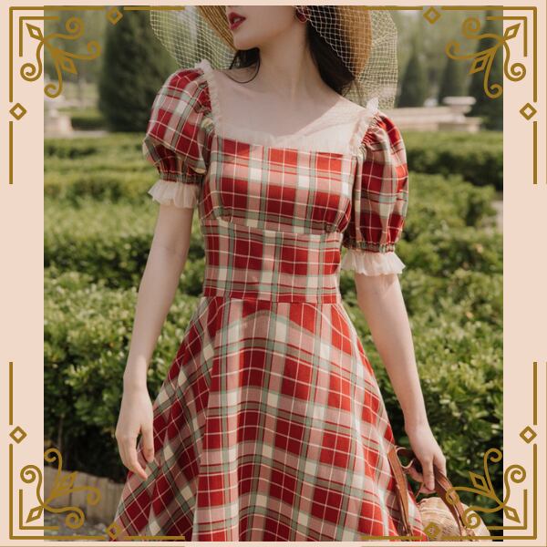 レッドタータンチェックの半袖ワンピース Trnd5 Re Tro