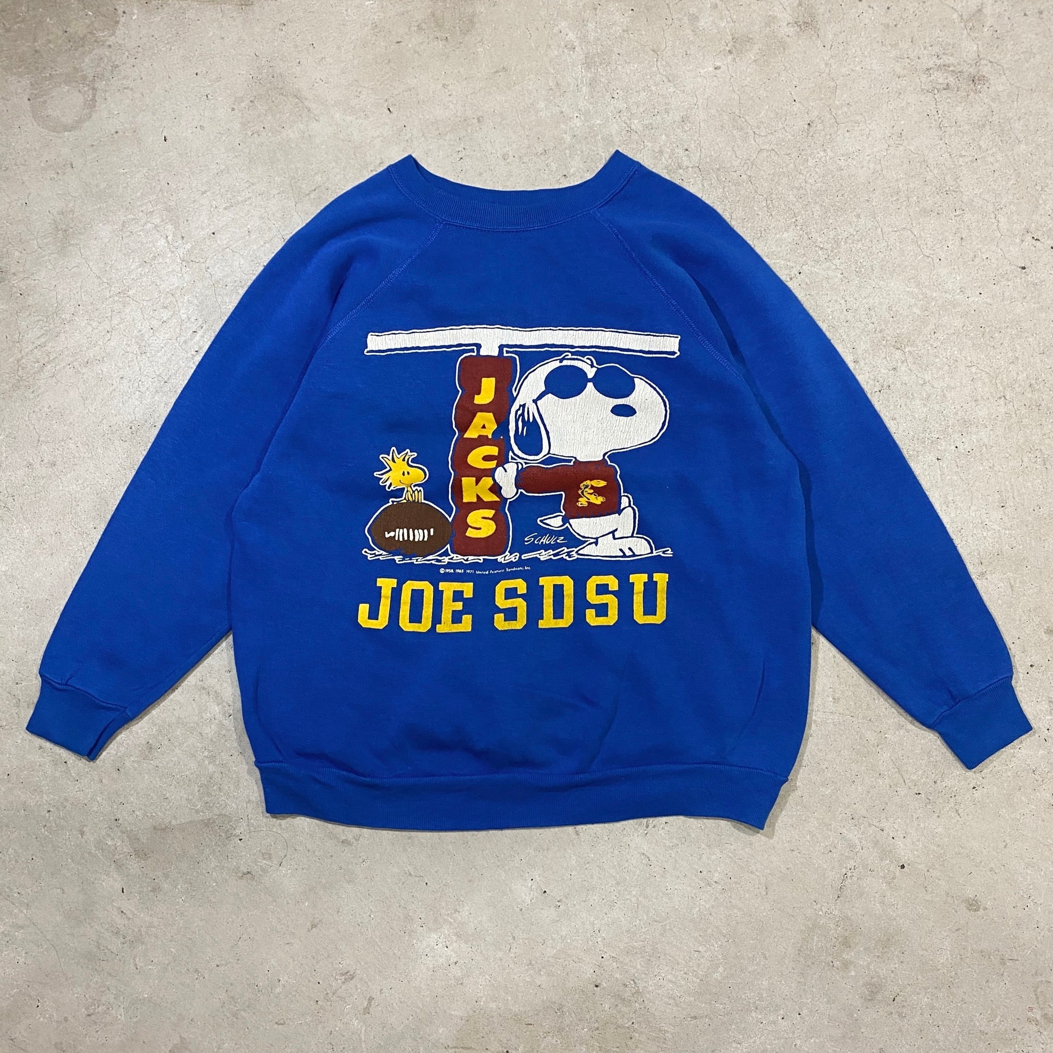 80年代 80s ARTEX SNOOPY スヌーピー PEANUTS ピーナッツ ウッドストック JOE COOL SDSU JACKS アメフト  ラグラン キャラクタースウェット プリントスウェット トレーナー ヴィンテージ ブルー 青色 メンズXL レディース 古着【スウェット】 | cave  ...