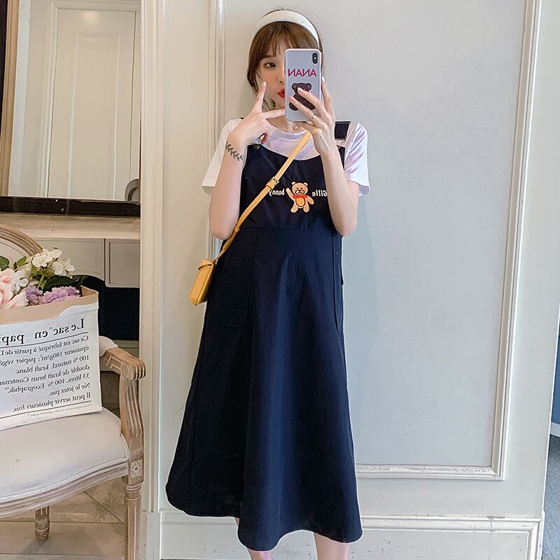 【新作】【送料無料】 マタニティウェア2020夏の新しいクマの刺繡ミドル丈サスペンダースカート+ Tシャツ、年齢を下げたツーピースセット妊婦-アリババ 刺繍 サマー 夏物 expec270935090920