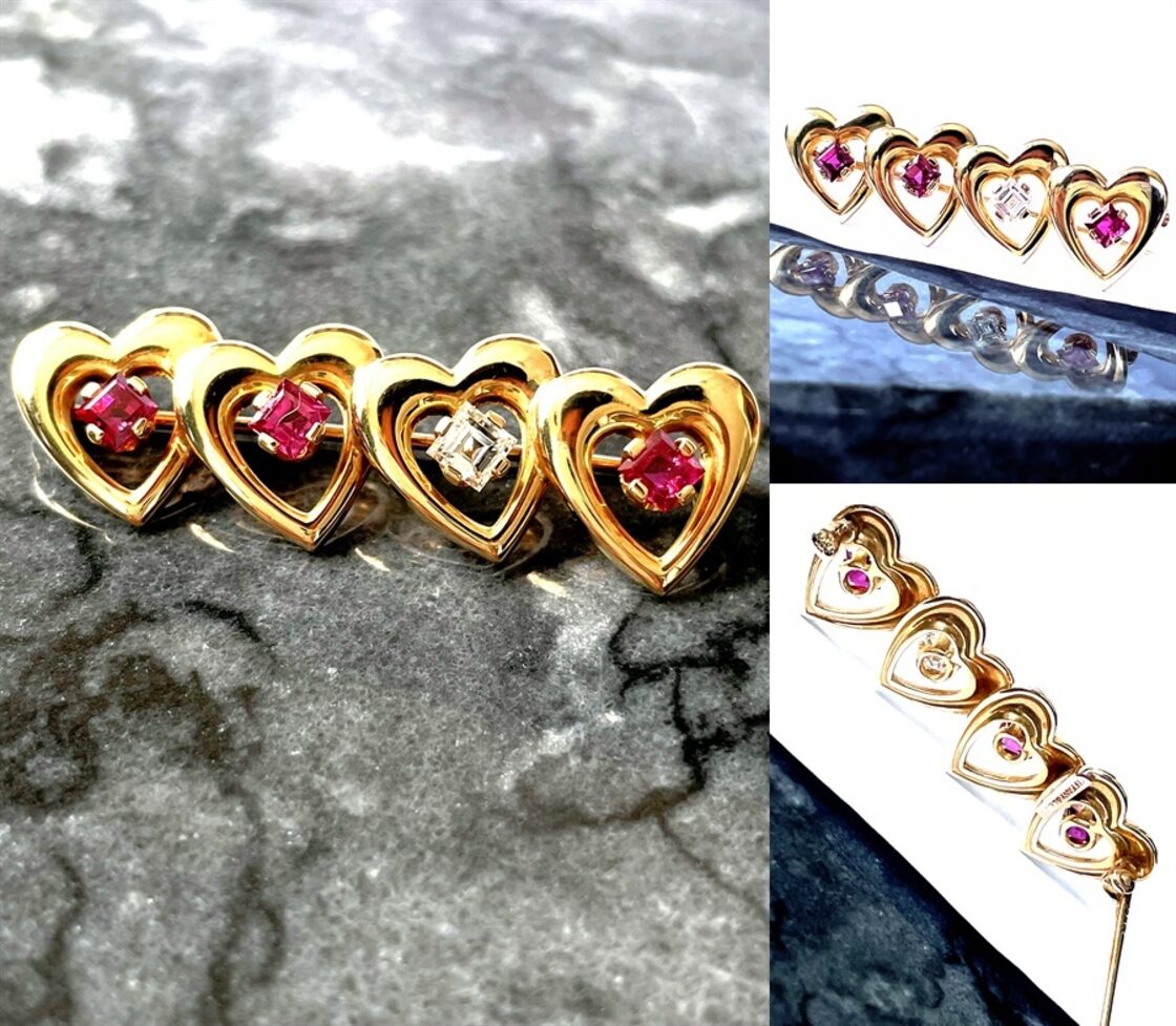 TIFFANY ティファニー 14K YG ハート ブローチ 1Pダイヤモンド 3P 