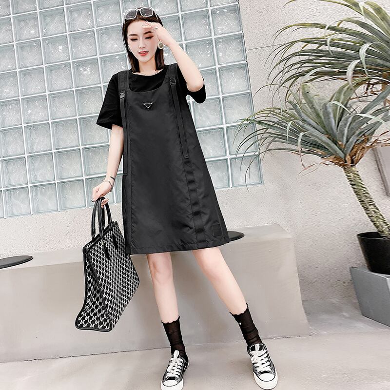 スプリングスタイル薄手Tシャツ スカート ドレス 大きめサイズ 春物 ミックスインファッション78801649830