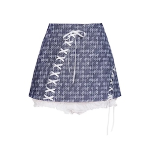 【SOS SEAMSTRESS】Houndstooth denimasymmetric strap shorts flower bud skirt