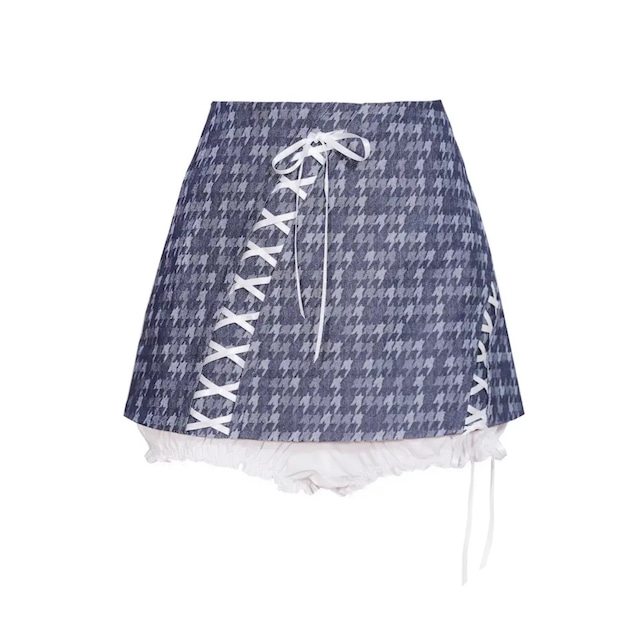 【SOS SEAMSTRESS】Houndstooth denimasymmetric strap shorts flower bud skirt