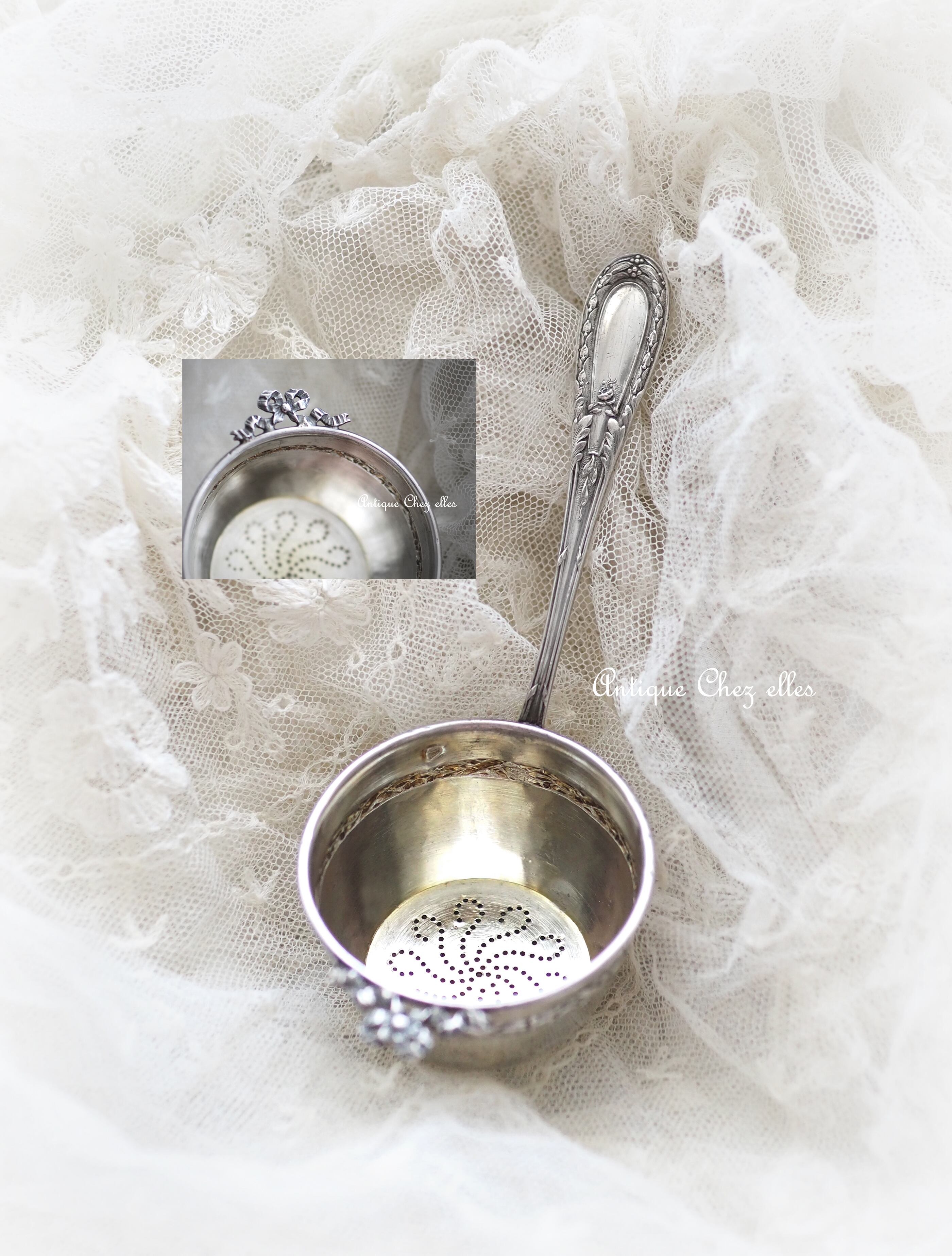 純銀製 リボン&バラのエレガントなティーストレーナー