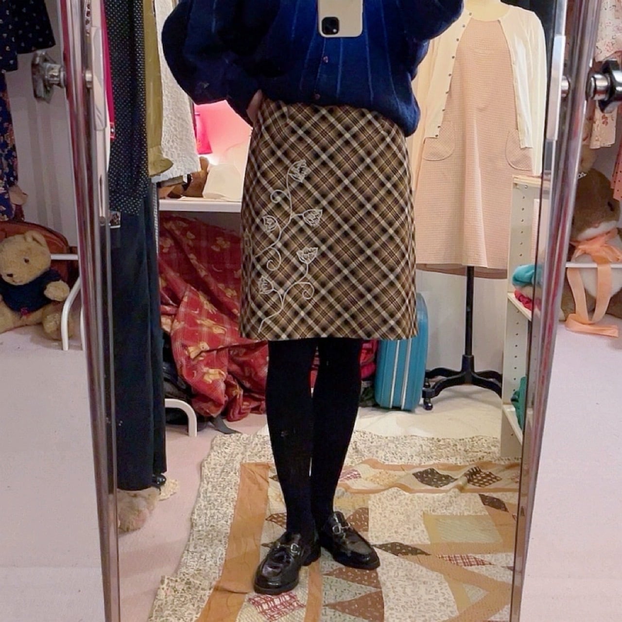 flower embroidery check mini skirt