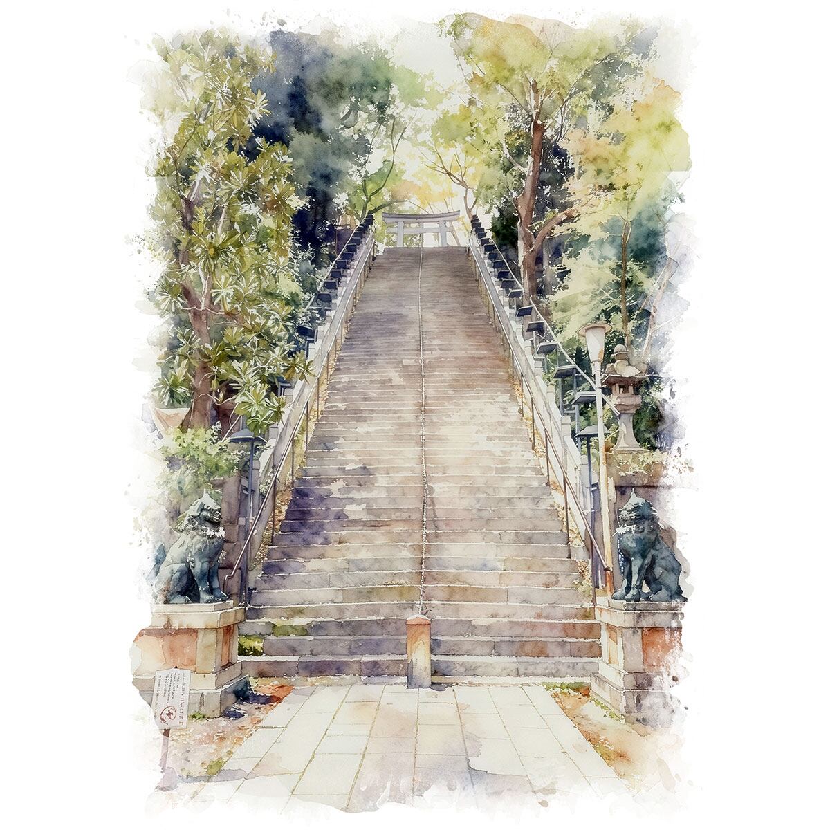 絵画 風景画(街並み) 日本 東京都 愛宕神社 出世の階段 インテリアアート額付き 水彩画・油絵風 WAT1592