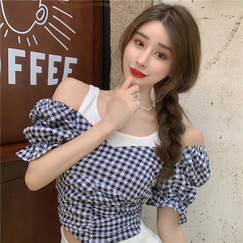 サマーカラースリーブショート格子柄シャツ トップス レディース 夏物 ステッチ ハンチェンe9473456793