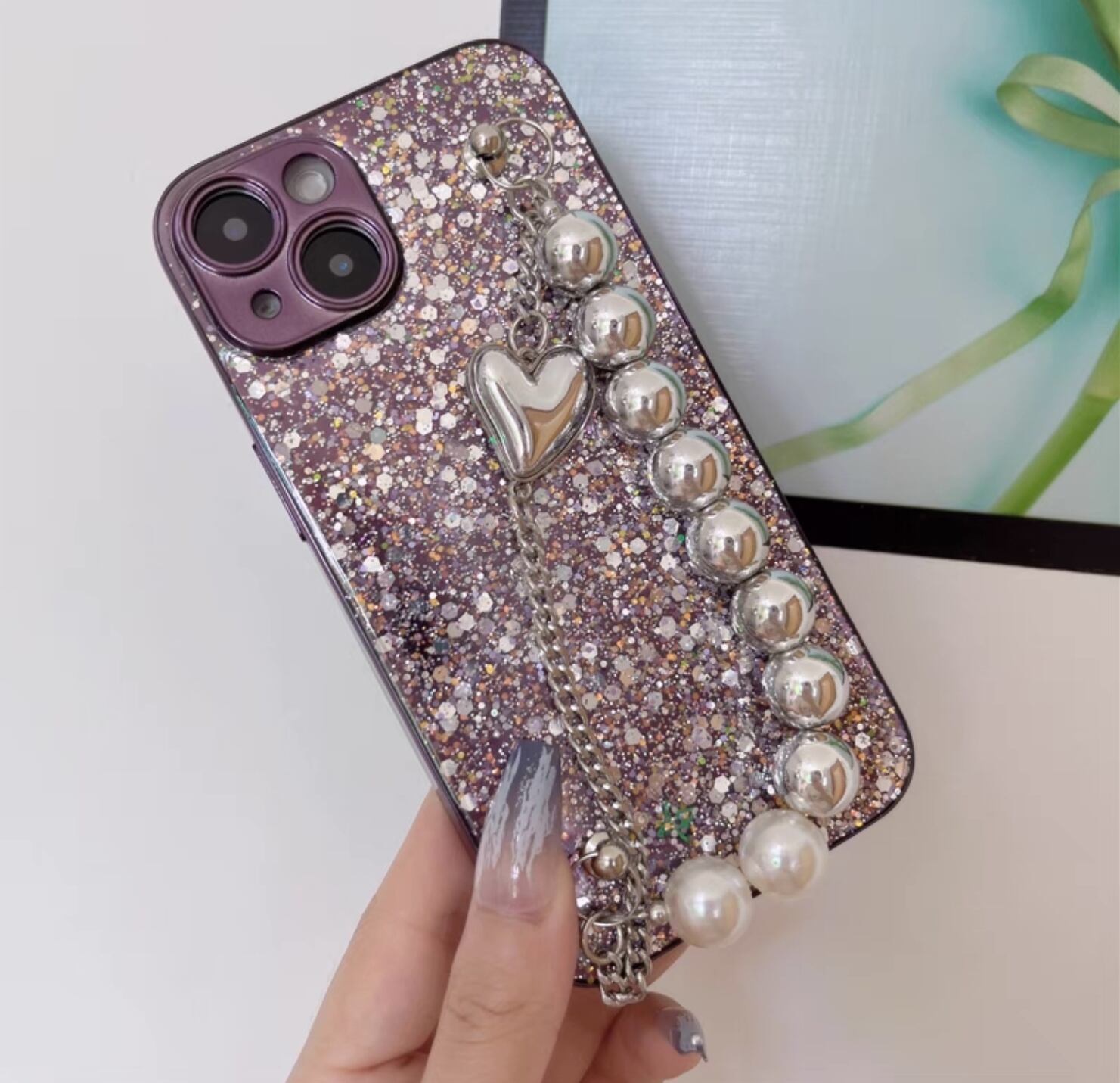名入れ♡ミラー✨キラキラ クラウンティアラパール♡ イニシャル iPhone 紫