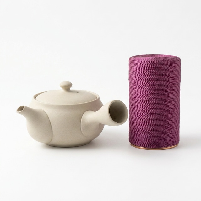 職人の手仕事【 京都工房×常滑焼 】茶筒+急須 正絹 糸巻きお茶缶 白×紫 日本製