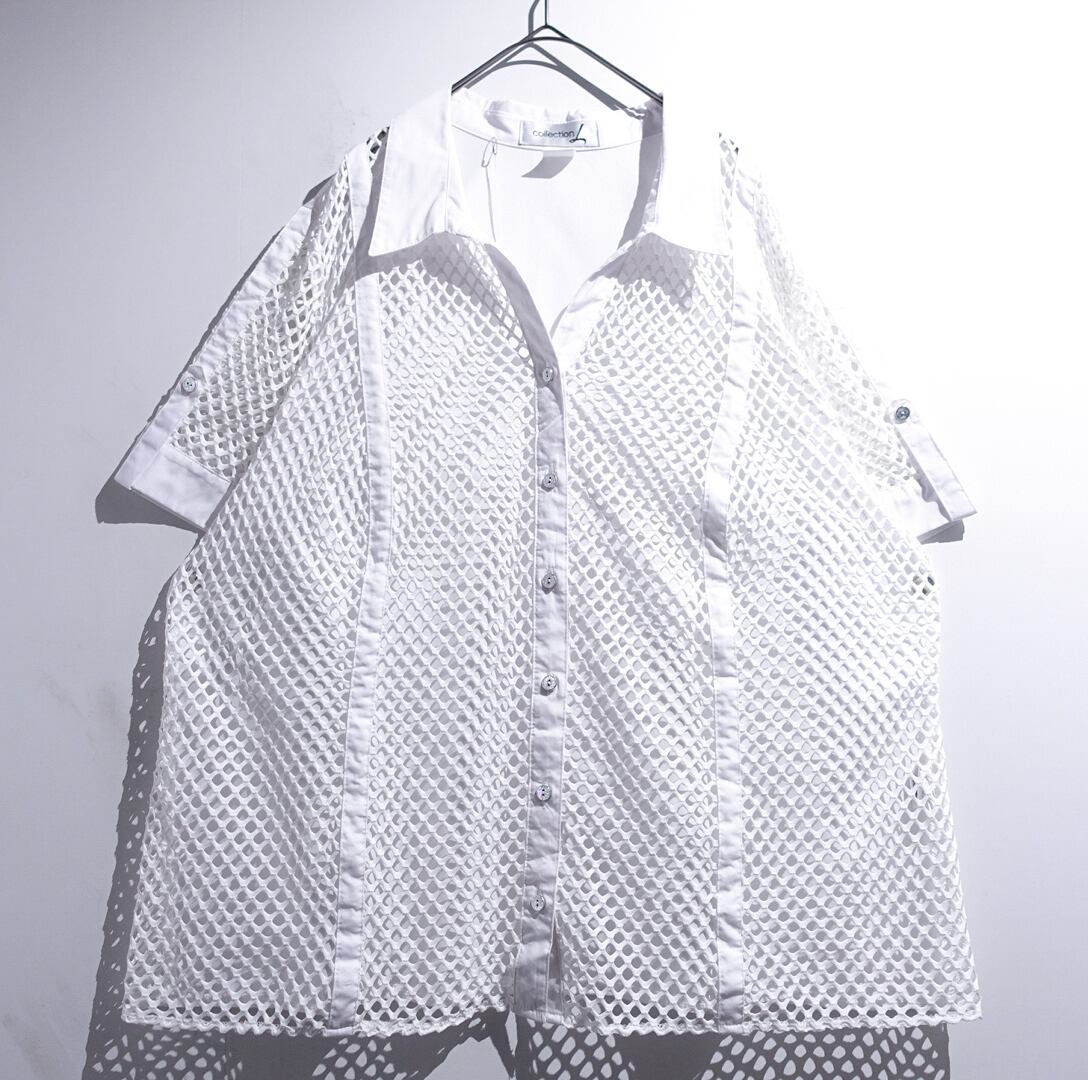 White Mesh Switching Desgin Shirt