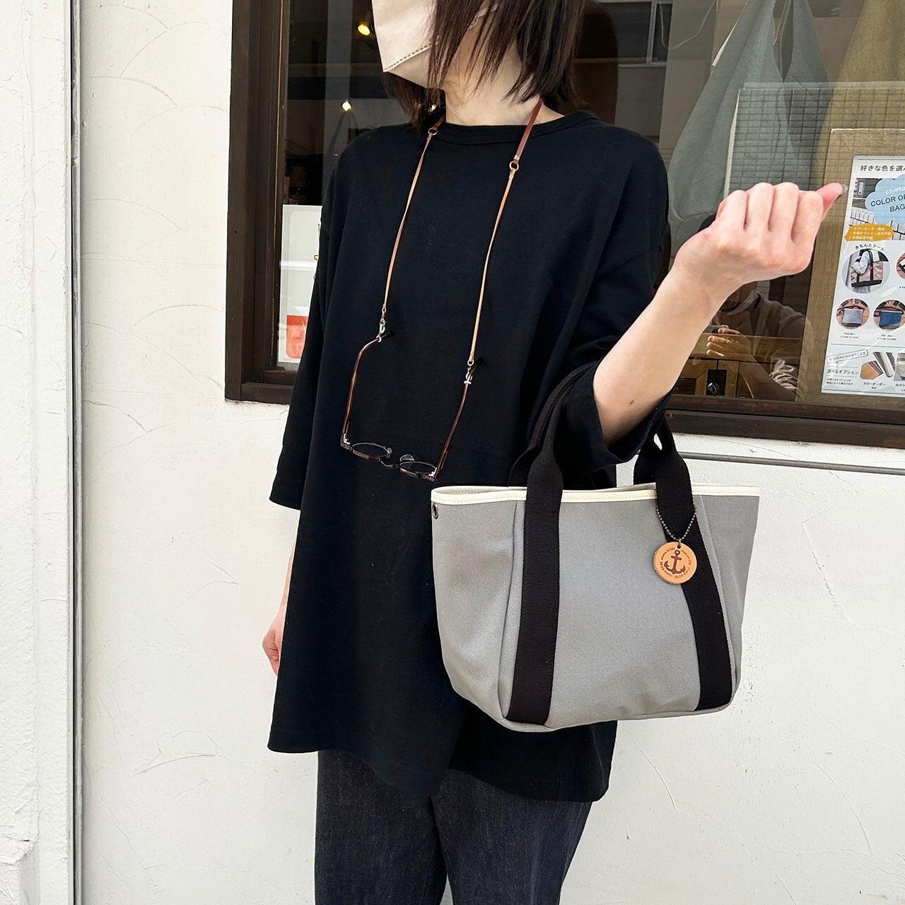 即納商品＞ いつものトート：ライトグレー×クロ×Pアイボリー（高島帆布