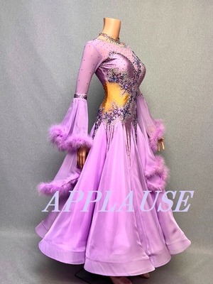 【新着】社交ダンス ドレス　スタンダード　モダンドレス　   ラベンダー（袖ファー）　M　ST-25-3   デモ・競技用ドレス　発表会衣装　パーティドレス　ワンピース　舞台衣装