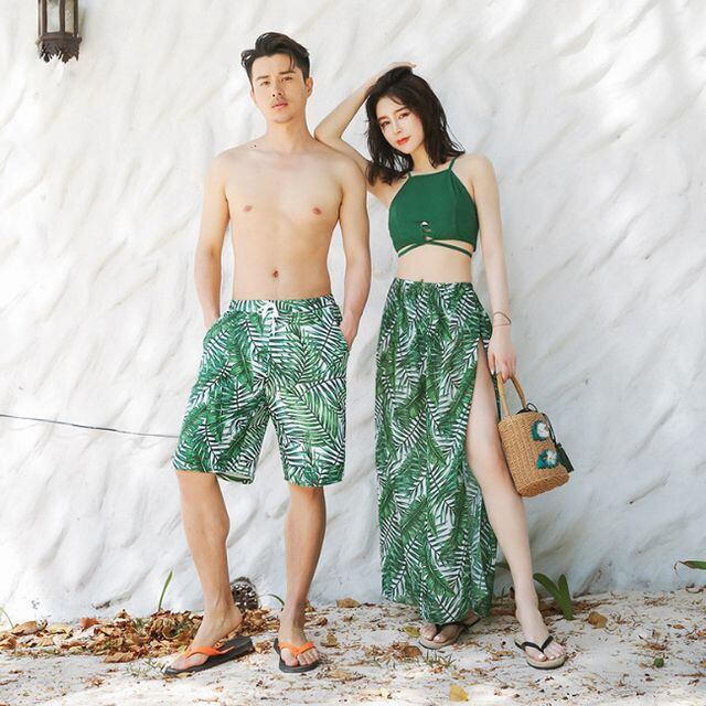 水着 カップル水着 ペアルック 水着 メンズ 水着 レディース 体型カバー 3点セット ハイウエスト グリーン トロピカル柄 リボン パレオ 海水パンツ ペア水着 恋人 おそろい お揃い グリーン S/M/L/XL