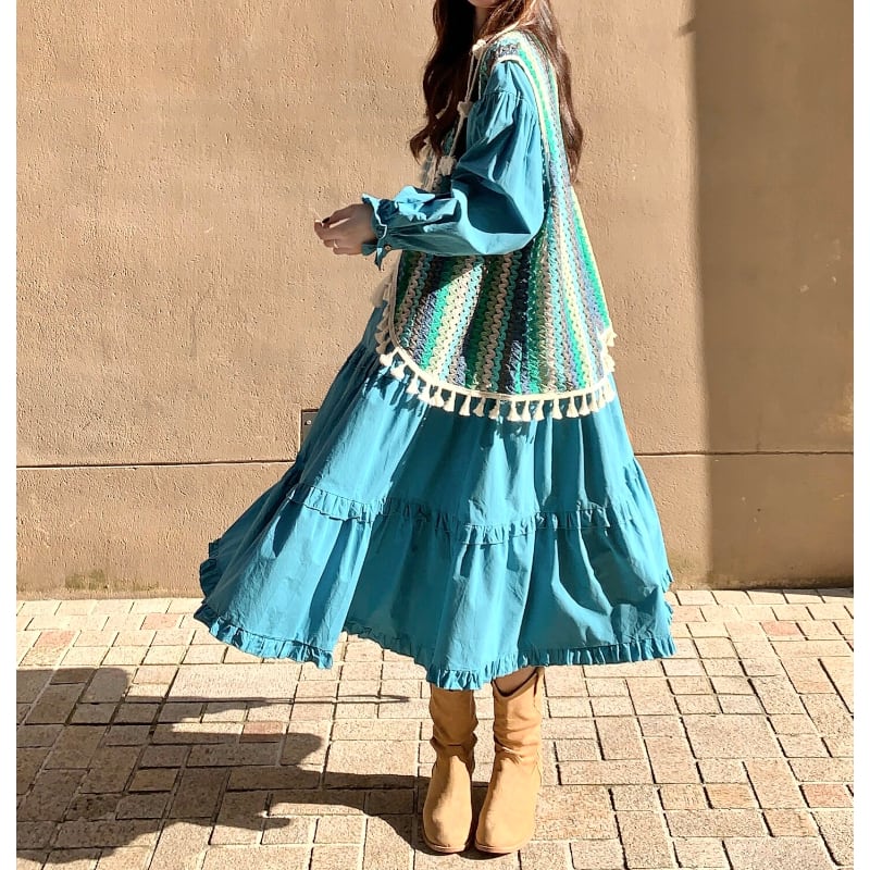Teal Blue Tiered Ruffle Maxi & Crochet Tassel Vest Set S0276