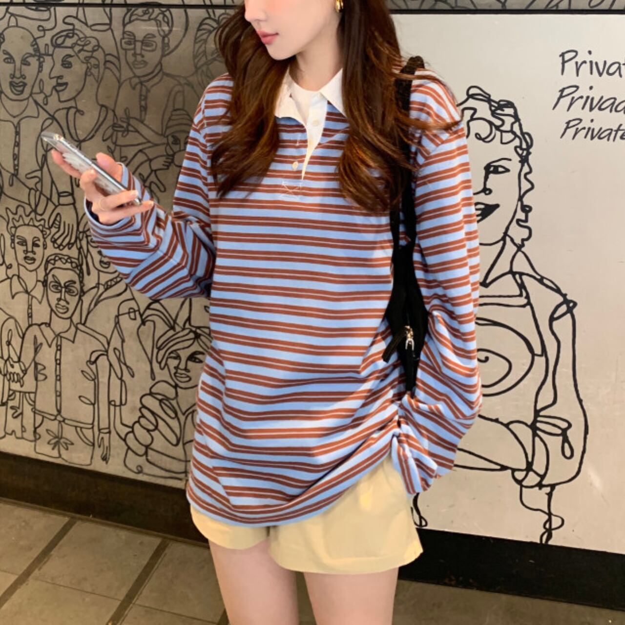 ルーズシルエット ストライプラガーロングTシャツ A4207