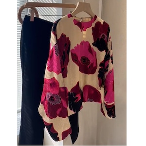 pink bold floral jacquard long blouse<t3070>