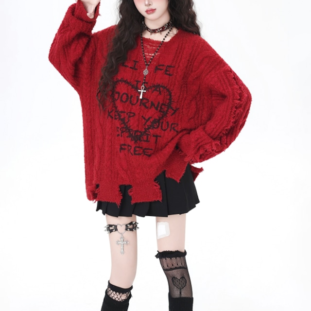 ハートロゴダメージデザインリラックスニット(2カラーあり)(lli_6333)