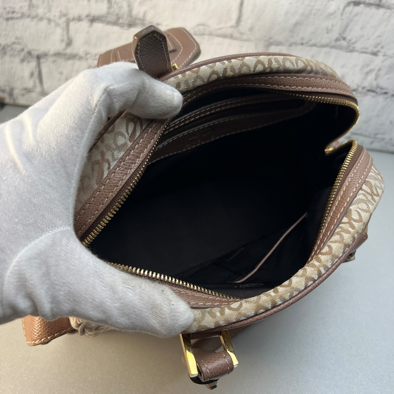 LOEWE ボーリングバッグ キャンバス×レザー ハンドバッグ ベージュ A-10192