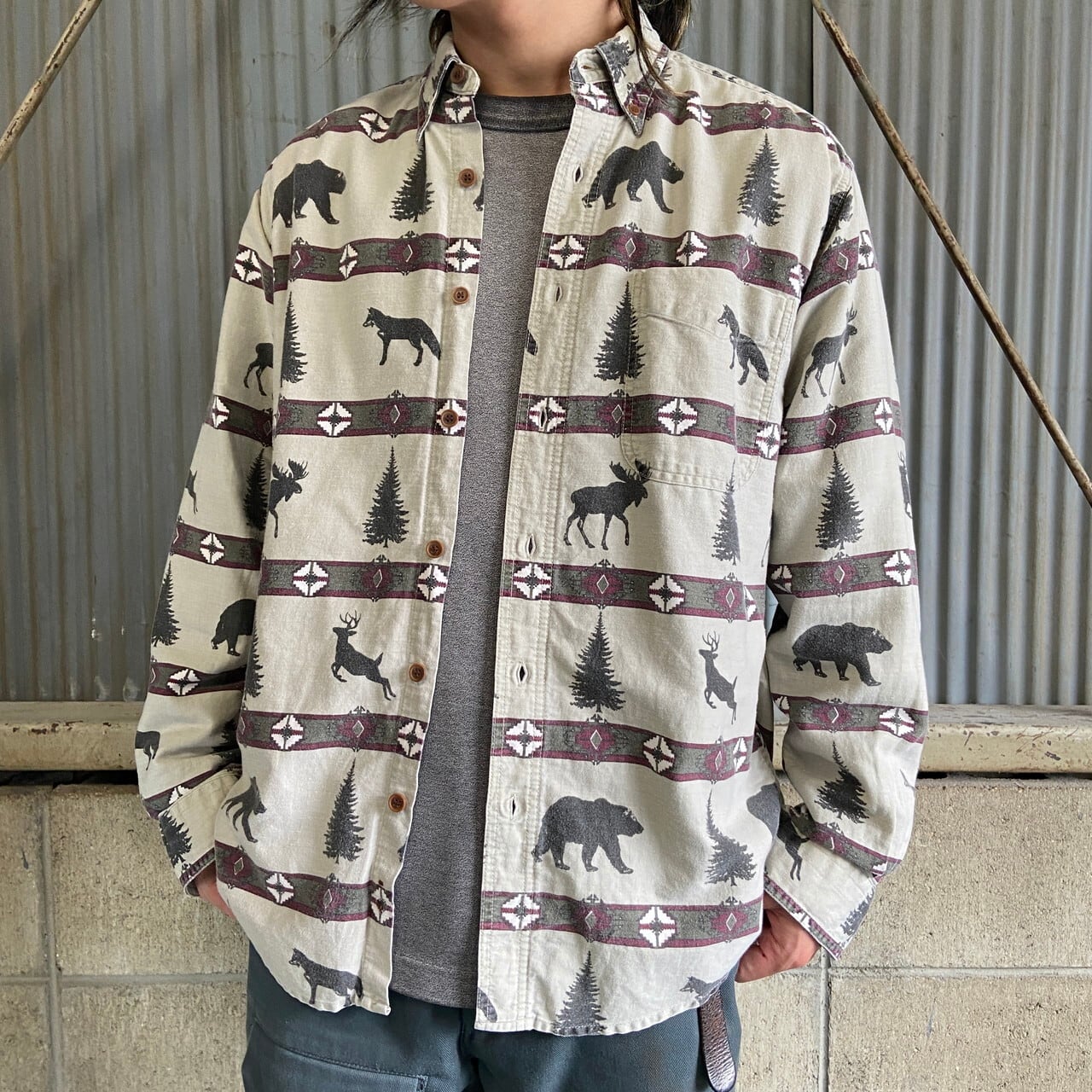 90年代 WOOLRICH ウールリッチ 総柄 オールプリント アニマル 熊 ベアー プリントシャツ メンズM 古着 ボタンダウン B.D.シャツ  【長袖シャツ】【3anniv】 | cave 古着屋【公式】古着通販サイト