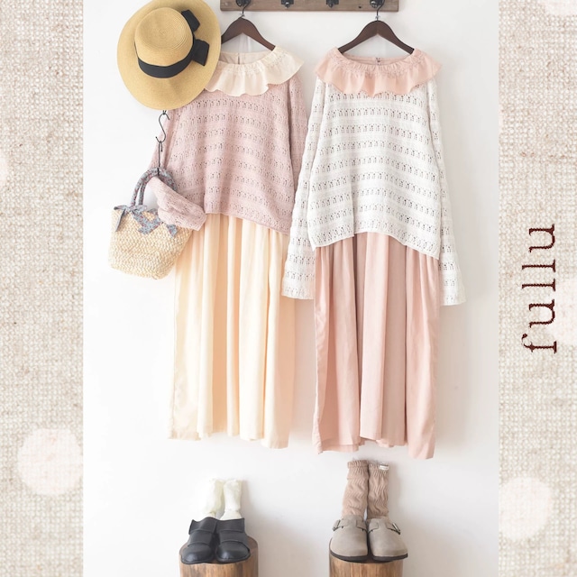 パステルカラー フリルネック切替ロングワンピース  3color      fu0940