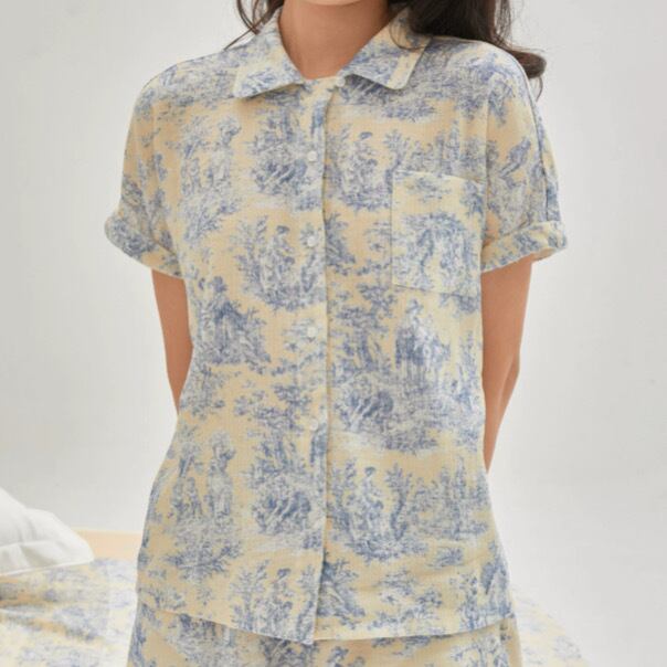 東インド会社風レトロプリントのコットンとリネンの着心地の良い半袖シャツBl-44101