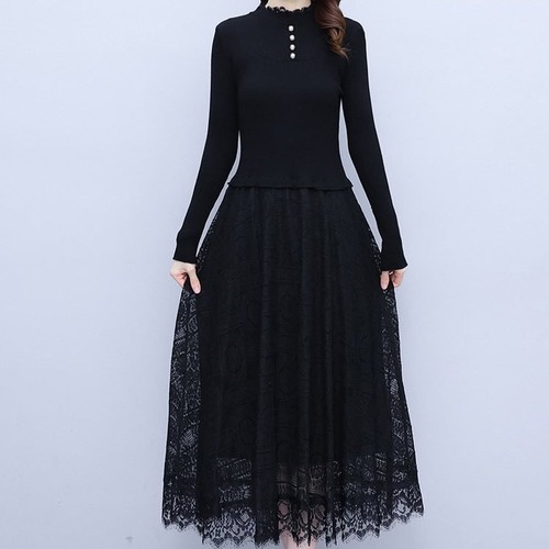 ワンピース ミモレ丈 長袖 無地 レース 裏起毛 防寒 透け感 大きいサイズ 大人可愛い カジュアル きれいめ お出かけ デート 女子会 お出かけ レディース 上品 Aライン