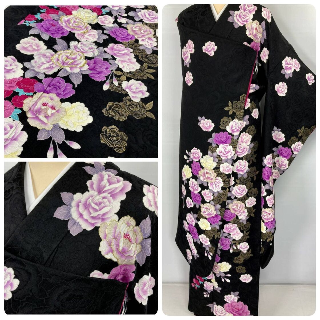 竹久夢二 刺繍 薔薇 金彩 振袖 正絹 黒 紫 ピンク 037 | PAY ID
