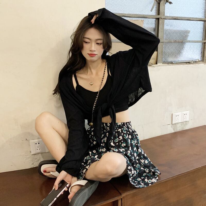 ブラックカーディガンジャケット サマー薄手シャツ ショートトップス 夏物 スーパーモール46873599143