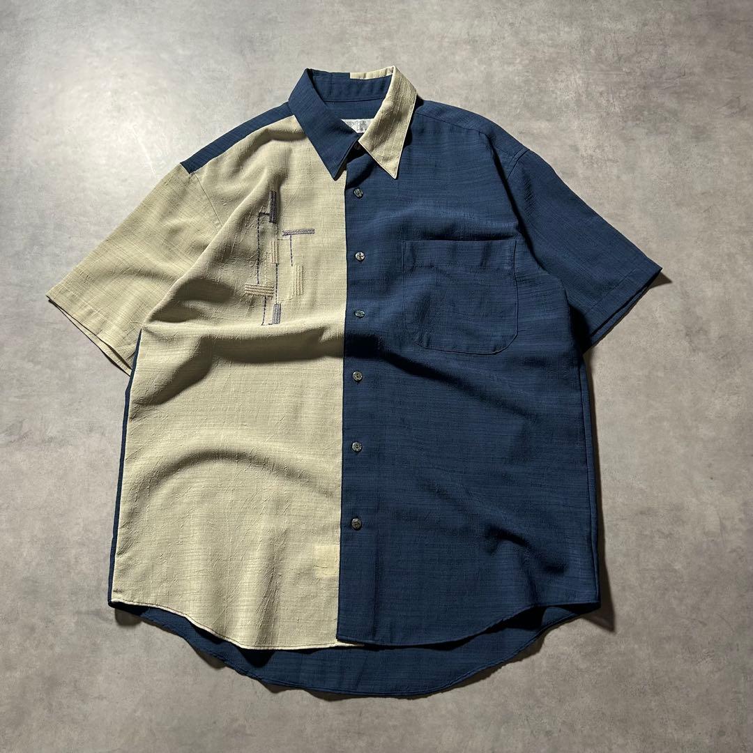 ヴィンテージ 切り替え ポケット 刺繍ロゴ ネイビー デザイン レトロ シャツ