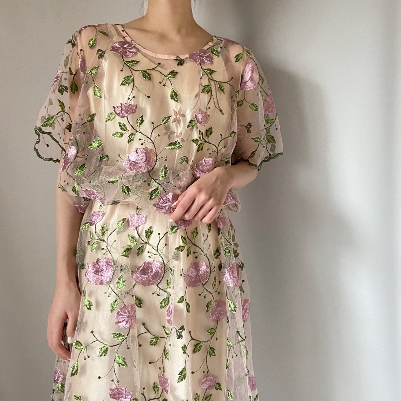 花柄刺繍チュールロングワンピース | Boutique888