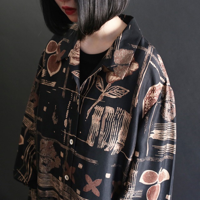 rose and leaf art pattern l/s open collar shirt