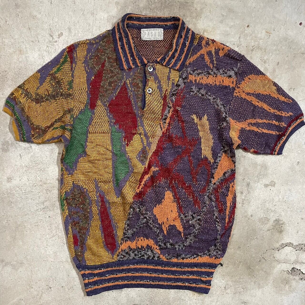vintage】geometric pattern multicolor design linen knit polo shirt ...