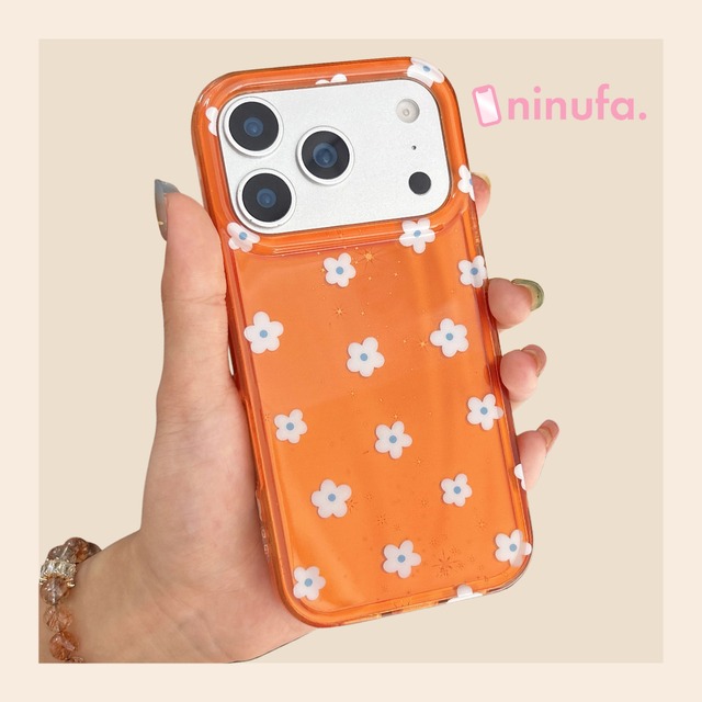 【iPhone17-13対応】誰とも被らない◎個性派オレンジ フラワー柄 かわいい 韓国ケース おしゃれ 花柄 スマホケース ND-16651