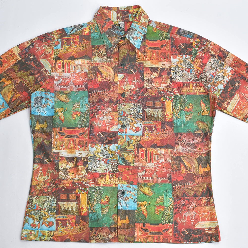 ヴィンテージ レトロ古着 エスニック柄オーバーシャツ 金ボタン ネイビー 総柄 70s～ Vintage アジアン エスニックパターン 総柄 ポリエステルシャツ