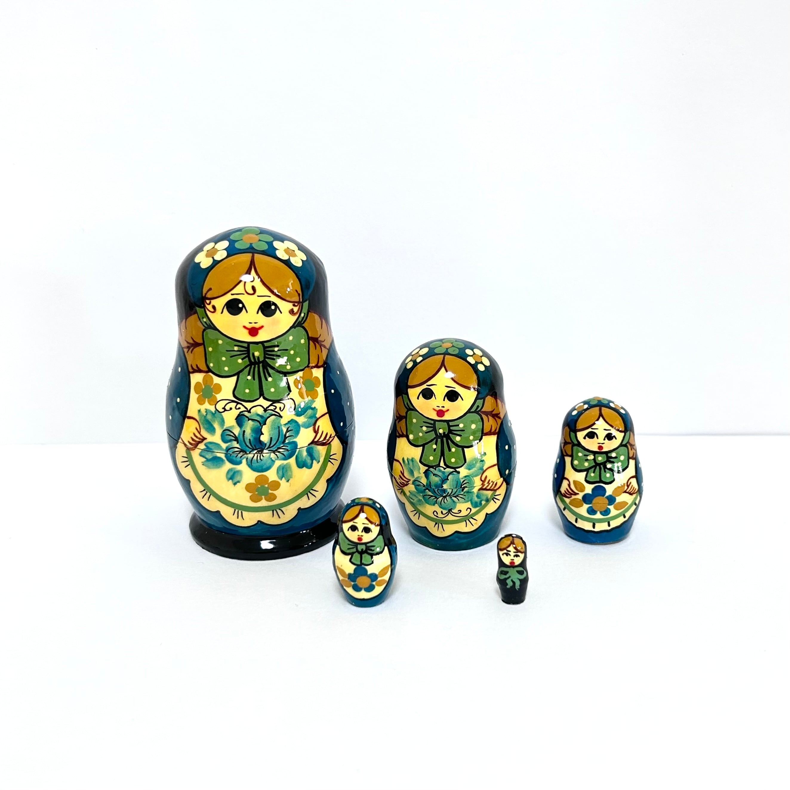 フラワー ブルー マトリョーシカ 9.5cm 5ピース ロシア製 セルギエフパサード