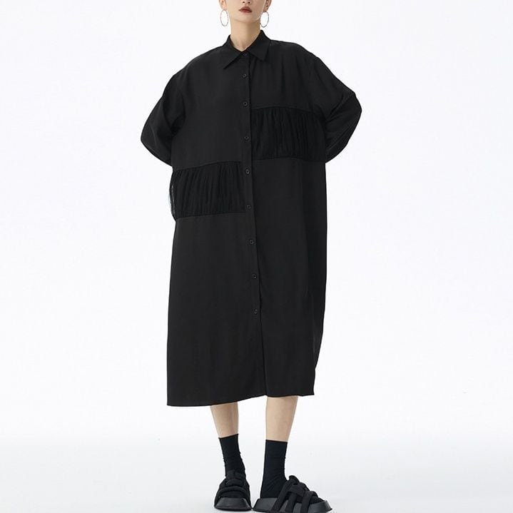 MESH STITCH DESIGN A-LINE MIDI SHIRT DRESS 2colors M-15143