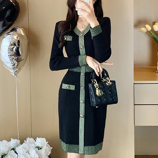 ワンピース ニット Vネック 配色 気質溢れる ブラック S M L XL