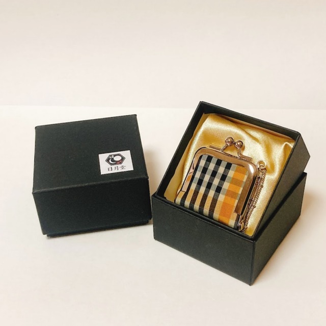 miniがまぐちチャーム　 紬・黄格子柄《しかく》　　和がま口　着物リメイク日月堂オリジナル　≪パーツ変更可能≫◇受注制作◇