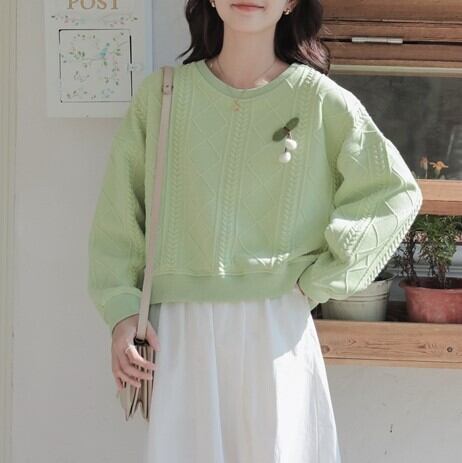 トップス レディース ニット セーター プルオーバー 長袖 ケーブル編み さくらんぼ チェリー かわいい 大人可愛い きれいめ シンプル カジュアル ナチュラル 清楚 フェミニン おとな おしゃれ お洒落 こなれ感 ラブリー ガーリー キュート 主役級 存在感 抜け感 無地 春 秋 10代 20代 30代 40代 OL 通勤 学生 通学 デート お出かけ 女子会 休日 着回し 普段使い 韓国 韓国系 ファッション コーデ スタイル モテ 体型カバー トレンド S M L 緑 グリーン 青 ブルー 送料無料