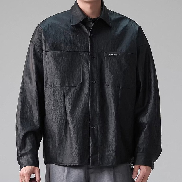 shirt color hip-length long sleeve button front shirt ◇H1044