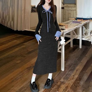 マーメイド ワンピース 長袖 リボン レディース 春秋冬 韓国 ロングワンピース おしゃれ きれいめ 大人 かわいい タイト スリム 上品 フェミニン 大人可愛い 大人女子