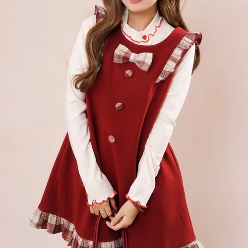 【2点セット】チェック柄リボンジャンスカ＋メロウトップス ・74939